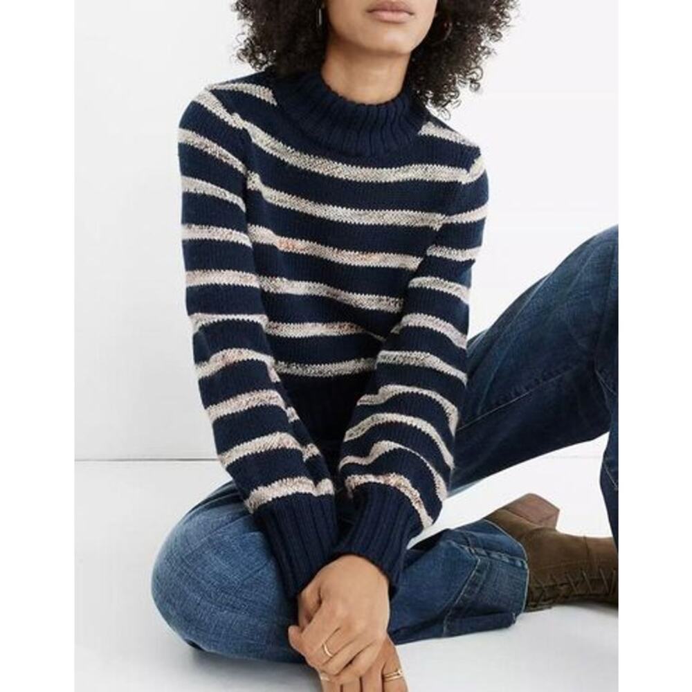 Madewell Striped Metcalf Chunky Knit Crew Neck Sweater Balloon Sleeve Navy Blue